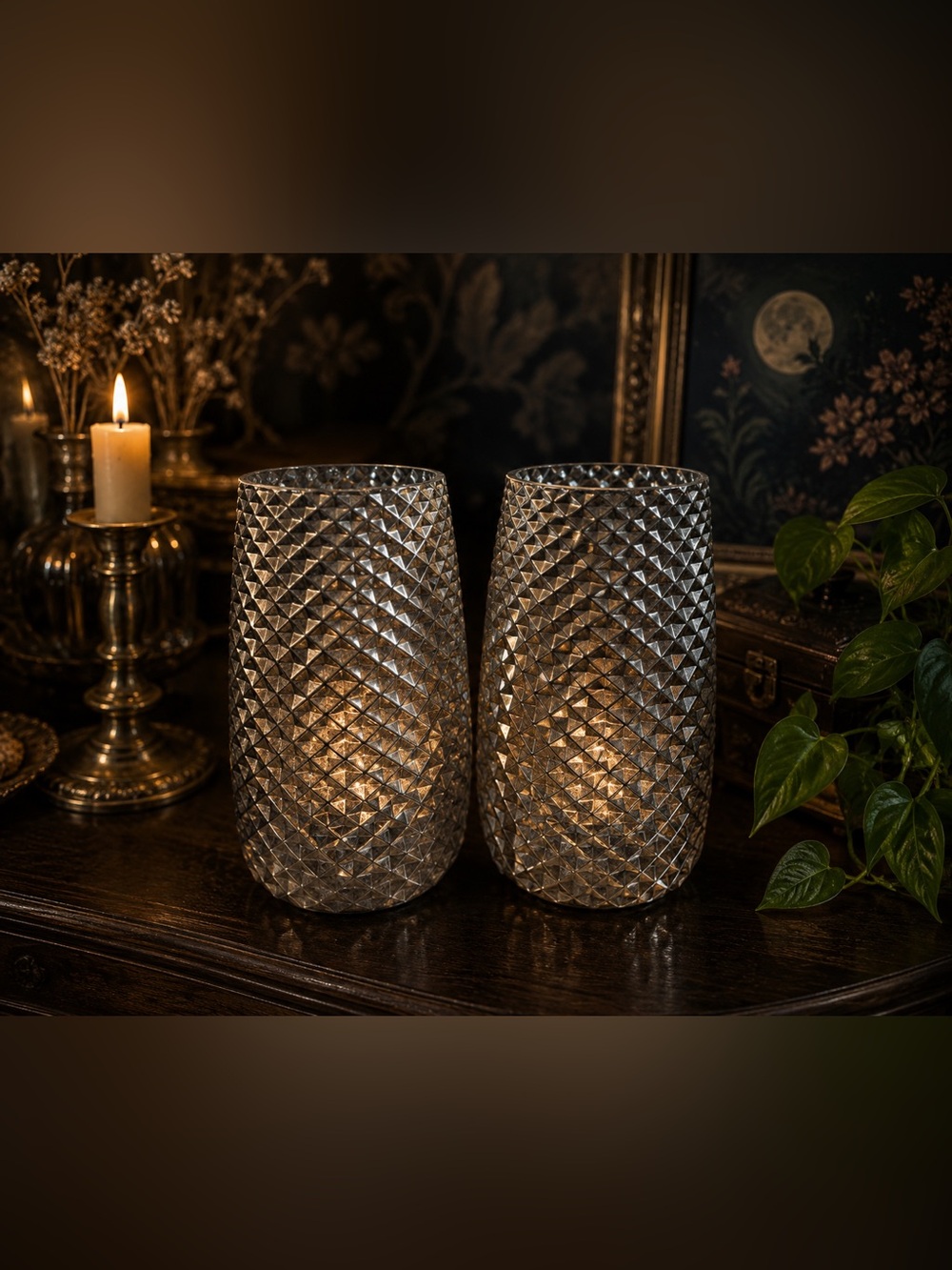 Pair of Elegant 8” Silver Textured Vases / Candle Holders – Pineapple Faceted